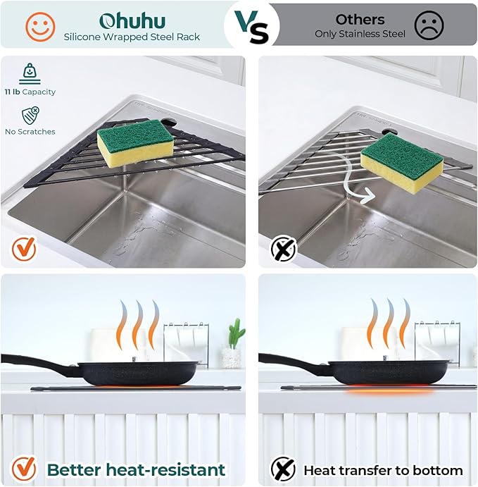 Corner Sink Caddy, Ohuhu Sponge Holder for Kitchen Sink Organizer Silicone Wrapped Steel Anti Slip Rust Triangle Over the Sink Dish Drying Rack for Sink Corner Multipurpose Drainer Trivet Space-Saving