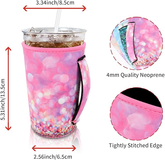 4Pack Reusable Iced Coffee Sleeve Insulator Sleeves for Cold Drinks Beverages, Neoprene Cup Holder for Most Coffee, Fits 22-24oz Medium Cups (Glitter with handle)