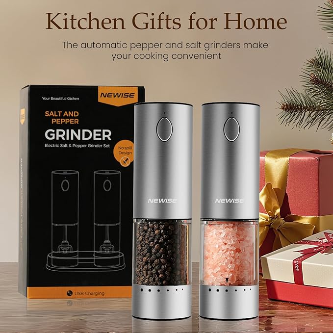 Newise Electric Salt and Pepper Grinder Set - Mothers Day Kitchen Gifts for Women, Mom, Rechargeable with LED Lights, Stainless Steel Automatic Mill, Adjustable Coarseness, Large Capacity, Silver