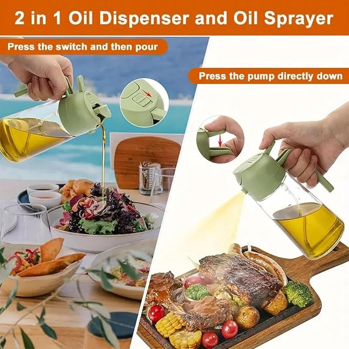 16oz/470ml Glass Olive Oil Sprayer for Cooking - 2 in 1 Olive Oil Dispenser for Kitchen Gadgets, Air Fryer, Salad, and BBQ (Green)