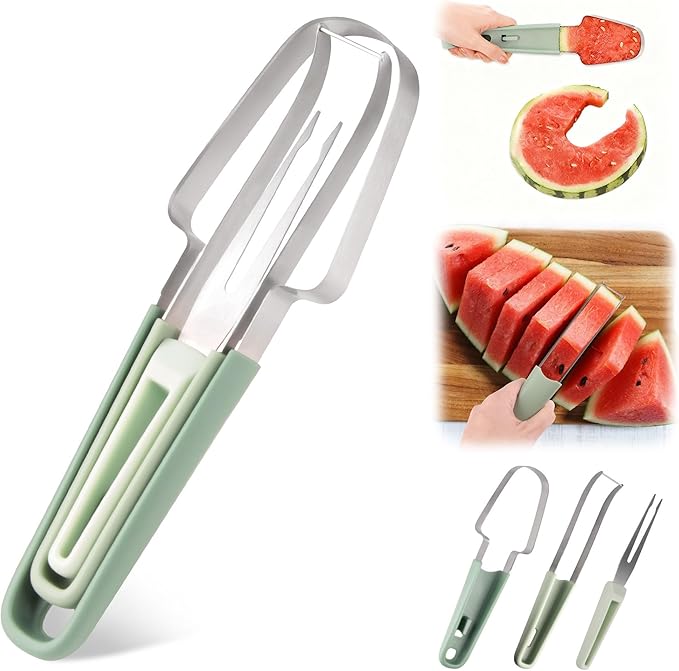Watermelon Cutter Slicer Tool 3 in 1, Stainless Steel Melon Slicer & Fruit Cutter for Watermelon, Cantaloupe, Mango, Kitchen Gadget for Family, Camping, Picnic