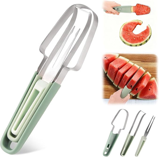 Watermelon Cutter Slicer Tool 3 in 1, Stainless Steel Melon Slicer & Fruit Cutter for Watermelon, Cantaloupe, Mango, Kitchen Gadget for Family, Camping, Picnic
