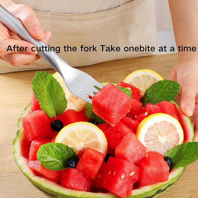 Watermelon Fork Slicer Cutter, 2-In-1 Stainless Steel Fruit Cutter, 2025 Upgrade Portable Melon Slicer Tool for Camping, Picnics, Home, Parties – Effortless Cubes & No Mess