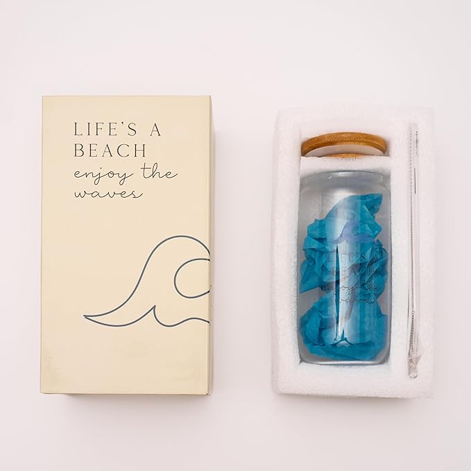 The Love Crate Co. Ocean Gifts for Women - Glass Tumbler with Lid and Straw, Customized Straw Stopper and Cup Sleeve, Aesthetic Unique Design Iced Coffee Gift Cup for Mom, Teacher, Friend