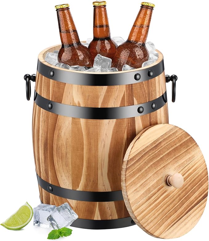 Honeydak Ice Bucket Wooden Barrel with Lid 1.5l Stainless Steel Interior Food Container with Handles for Cocktail Bar Parties Chilling Wine Champagne Home Bar Vintage Rustic Kitchen Decoration