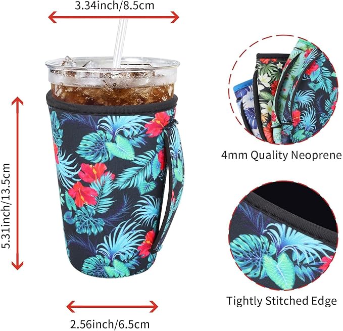 4Pack Reusable Iced Coffee Sleeve Insulator Sleeves for Cold Drinks Beverages, Neoprene Cup Holder for Most Coffee, Fits 22-24oz Medium Cups (Tropical Flower)