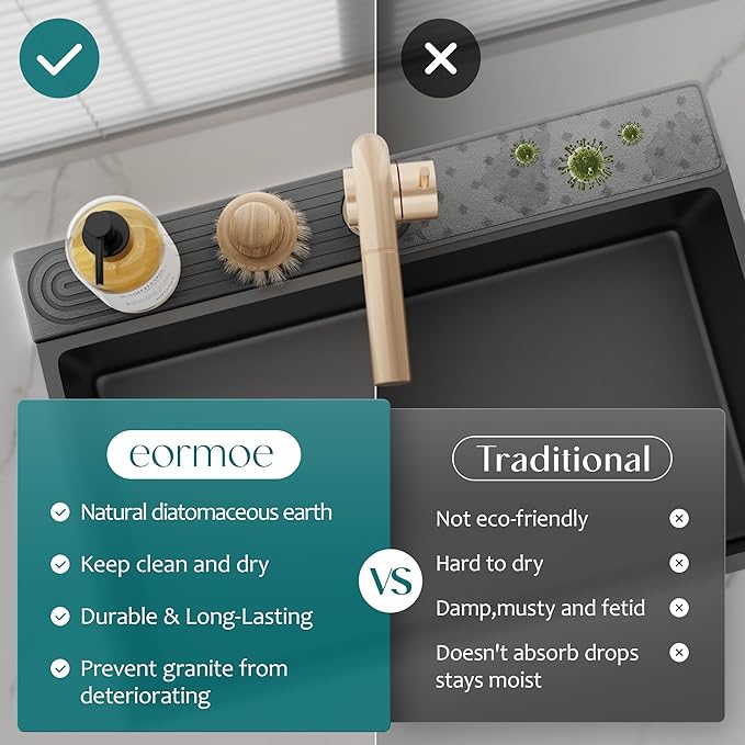eormoe Diatomite Kitchen Faucet Mat - 14Inch Water Absorbing Stone Tray for Sink, Stone Fast-Drying Faucet Mat for Kitchen Counter Sink Accessories (Dark Grey, 14'' x 3.9'')