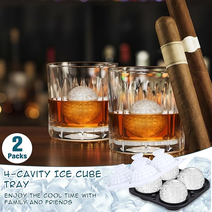 Hoolerry 2 Pcs 3D Golf Gifts Ball Ice Maker Mold 2.2" Large Sphere Round Silicone Ice Cube Tray 4 Hole Fun Shapes Big Ices Cube Mold with Funnel for Whiskey Cocktails Bourbon Chilling