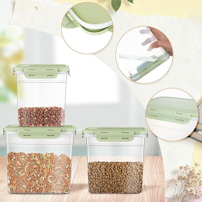 Patelai 6 Pcs Dog and Cat Food Storage Containers with Scoops Set Plastic Pet Food Storage Containers Stackable Airtight Dry for Kitchen 1.27, 2.4, 4 Qt (Green)