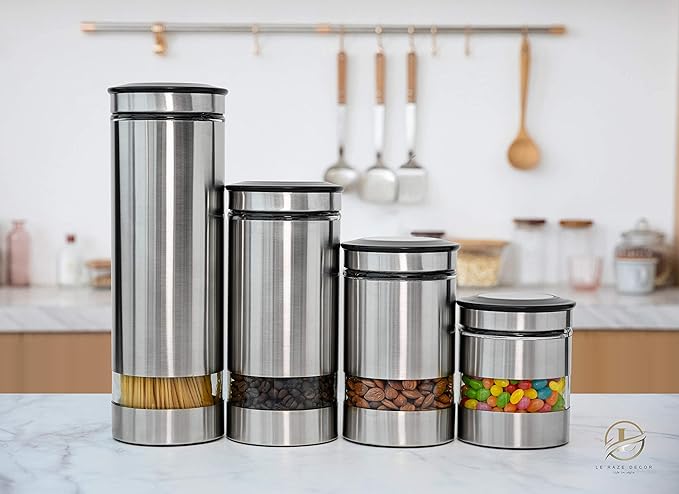 Le'raze Airtight Glass Canister Set of 4 with Stainless Steel Sleeve for Kitchen Counter - Food Storage Containers with Glass Window and Airtight Lids - Pantry Storage and Organization Set