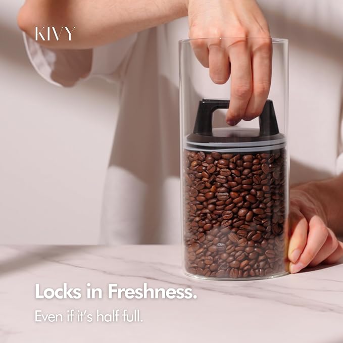 KIVY Vacuum Seal Coffee Canister (Glass) - Coffee Canister with Airtight Lid - Airtight Coffee Jar - Air Tight Coffee Container - Vacuum Storage