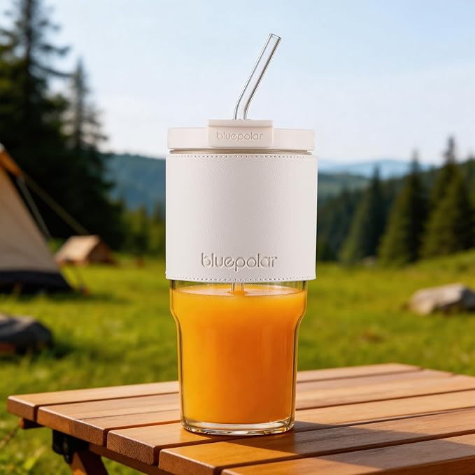 BLUEPOLAR 23oz/680ml Iced Coffee Tumbler, Glass Cups with Lids and Straws,Portable Reusable Cup for Smoothie, matcha,Large Clear Coffee Tumbler for Gym, Travel,car(white with Leather Sleeve)