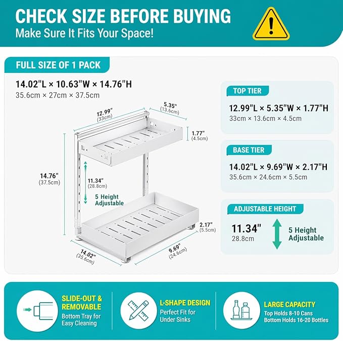 Under Sink Organizer, Bathroom Counter Organizer, 2 Packs 2-Tier Metal, Under Cabinet Storage, Makeup Storage, Adjustable Height & Slide-Out Drawer for Kitchen Bathroom Dorm Shop Office, White