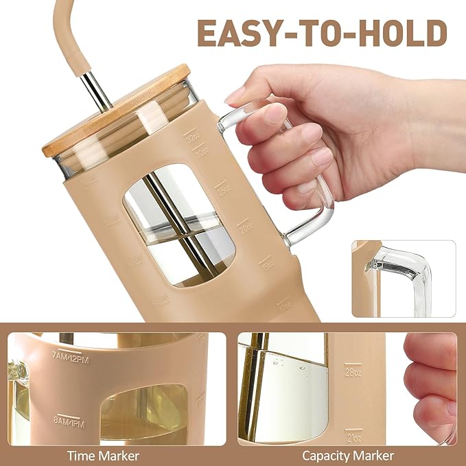 WINSA Glass Tumbler with Lid, 32 oz Glass Cup with Handle, Glass Water Bottles with Time Marker, 2 Straws - Pearl Straw & Silicone Protective Sleeve - Amber