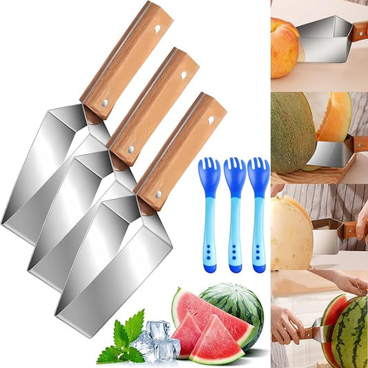 2026 Stainless Steel Watermelon Slicer, Triangle Watermelon Cutter, Stainless Steel with Wooden Handle for A Wide Variety Watermelon, Cantaloupe, Honeydew,and More (3PCS)