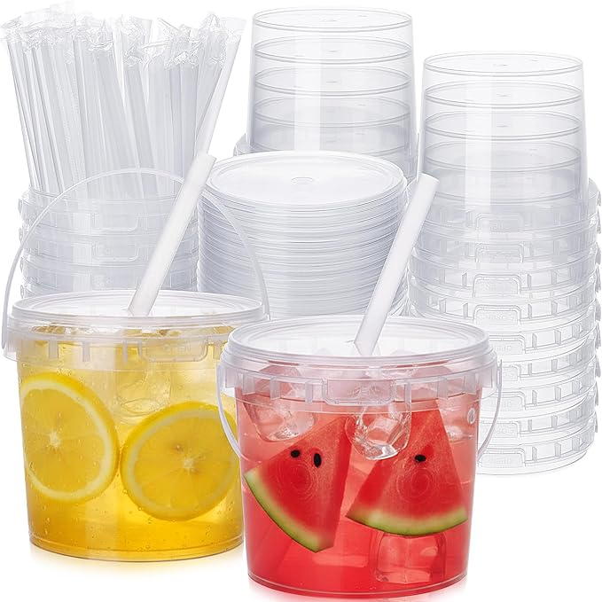 Funnymoom 50 Set 51oz Clear Plastic Drink Buckets with Lids and Straws Disposable Iced Coffee Cups Rum Buckets for Cocktail Parties Smoothie Cup Bulk with Handles for Beach Pool Party Supplies