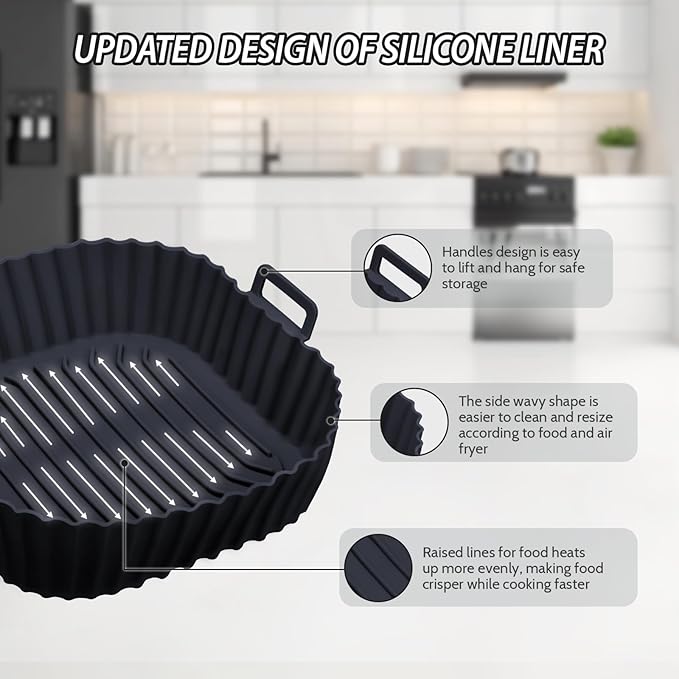 Komzon Silicone Air Fryer Liners Reusable 3 PCS, Airfryer Liners, Silicone Air Fryer Basket Liners Square, Food Grade AirFryer Accessories 4-7 QT, Ktchen Gadgets for Pot Oven Liner Baking Tray Pan