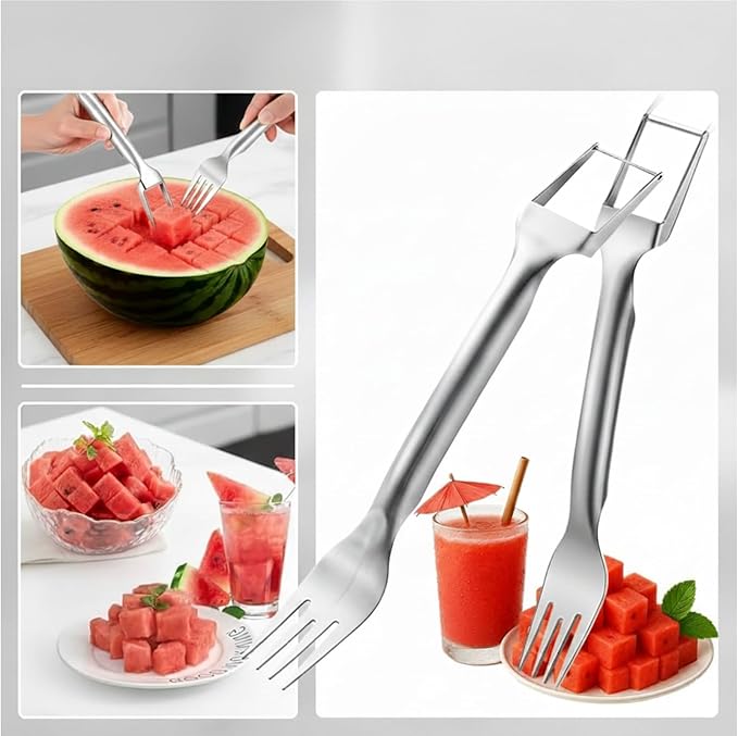 Stainless Steel Watermelon Cutter – Dual-Head Slicer and Fork Tool, Summer Fruit Cutting Tool for Home Kitchens (2-Pack)