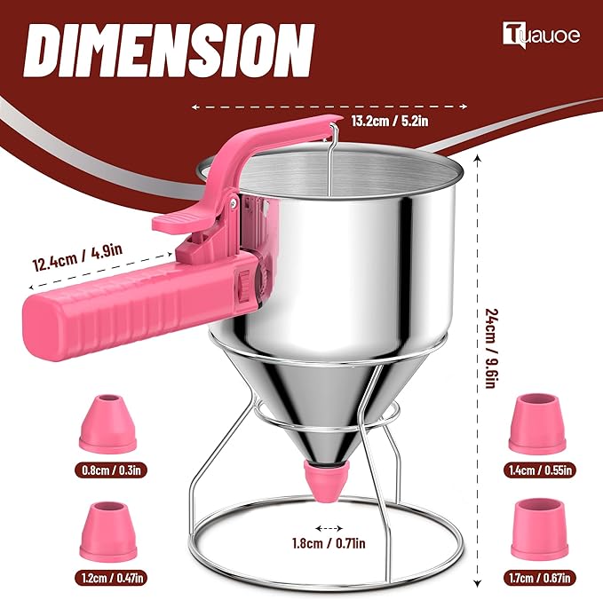 Stainless Steel Pancake Batter Dispenser, 40oz Batter Dispenser with Squeeze Handle, Great for Pancakes, Cupcake, Waffle or Any Baked Goods, Durable, Leak-Free, Paradise Pink