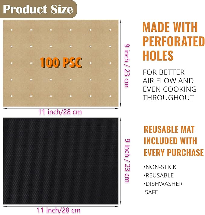 WMKGG 100 PCS Unbleached Air Fryer Parchment Paper Liners, 11 x 9 inch Perforated Rectangular Air Fryer Toaster Oven Disposable Liners for Cuisinart, Ninja Foodi, Breville, Gowise, Black Decker