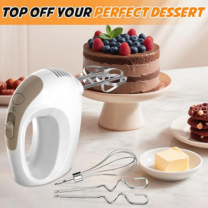 Hand Mixer - 5 Speed Portable Kitchen Mixer Electric Handheld with 5 Stainless Steel Accessories Whisk, Food Beater, ‌Ivory