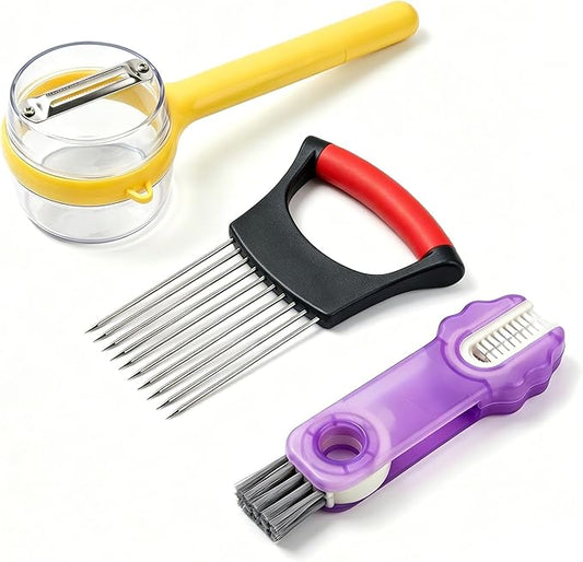 3-Piece Kitchen Set – Stainless Steel Onion Holder Slicer with 10 Forks, Peeler with Storage Box, 3-in-1 Cup Lid & Gap Brush – for Slicing Potato, Avocado, Eggs, Lemon, Meat