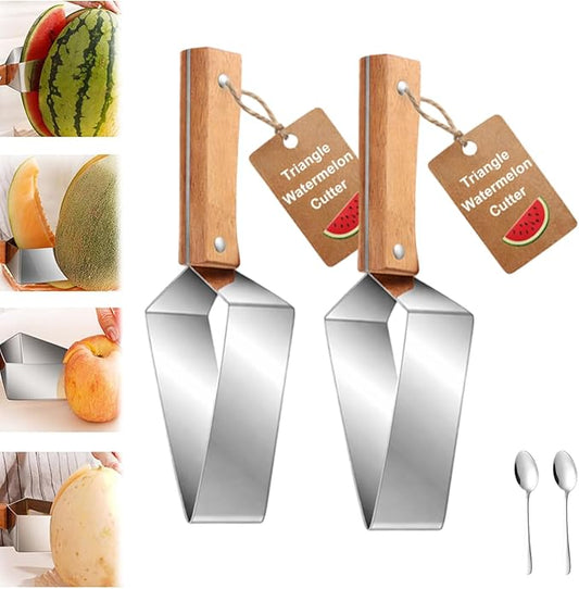 Triangle Watermelon Cutter – Stainless Steel Watermelon Slicer with Wooden Handle – Multi-Function Fruit Cutter Tool – Ideal for Watermelon, Pineapple, and Other Summer Fruits (2pcs)