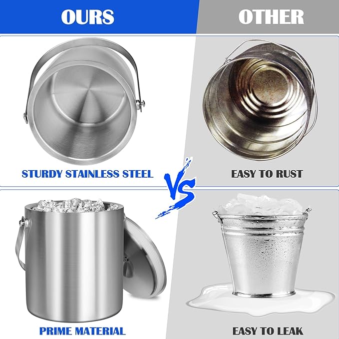 Ice Bucket with Lid & Tong- Well Made Insulated Stainless Steel Keep Ice Frozen Longer - Ideal for Cocktail Bar, Parties, Chilling Wine, Champagne - 2 Liter (Stainless Steel)