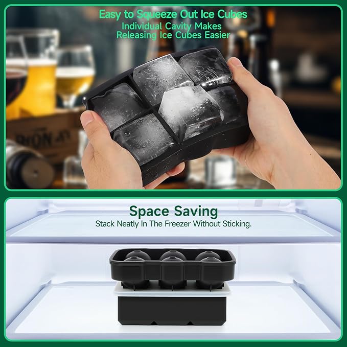 Silicone Ice Cube Tray, Easy Release Flexible Silicone Freezer Mold with Removable Lid, 2PCS of 6 Large Ice Cubes Per Tray for Whiskey, Freezer, Cocktail, Reusable & BPA Free