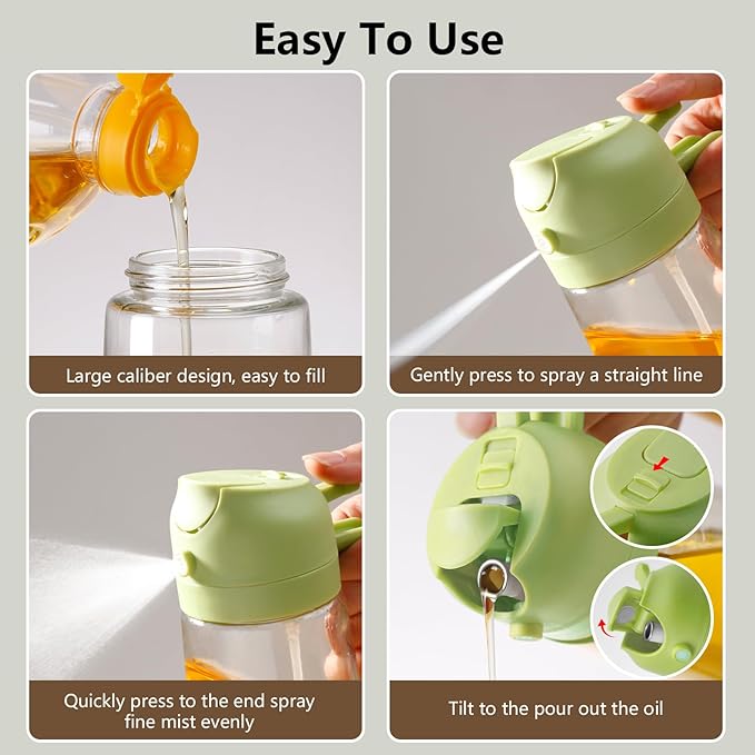 SWEET VIEW 16oz/470ml Oil Dispenser and Oil Sprayer, Glass Olive Oil Pourer for Kitchen, Air Fryer, Cooking, Salad, BBQ(Green)
