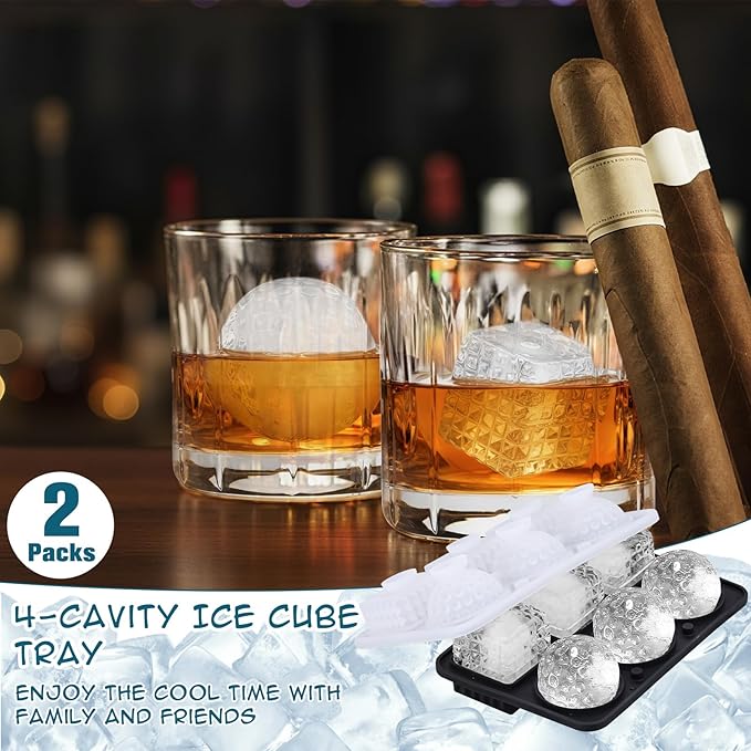 Hoolerry 2 Pcs 3D Golf Gifts Silicone Ice Cube Tray 2.2'' Fun Shape Large Silicone Ice Cube Molds 3 Big Crystal Cubes 3 Sphere Golf Mold 6 Holes with Funnel for Whiskey Cocktails Christmas Party