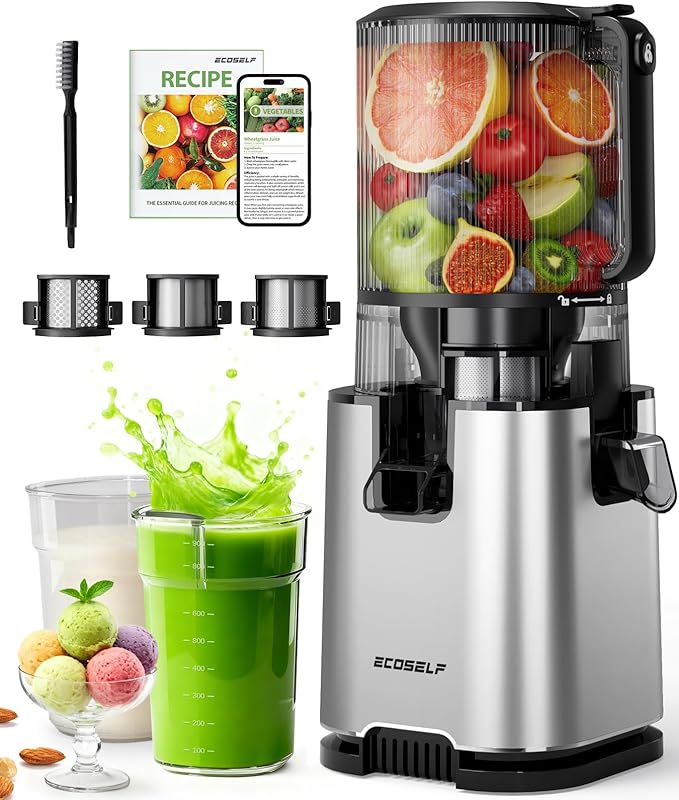 ECOSELF Juicer Machines with 3 Filters (For Juice/Sorbet/Nut Milk), With 6.0" Wide Mouth Hopper for Vegetables & Fruits, Slow Masticating Juicer Self Feeding, Juicer for Family Party, With Brush