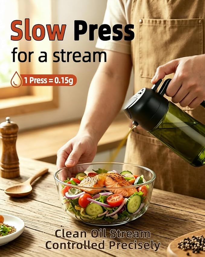 16oz/470ml Oil Sprayer for Cooking, 2 in 1 Oil Dispenser for Kitchen, Olive Oil Sprayer, Food Grade Glass Bottle for Kitchen Gadgets, Air Fryer Accessories, Salad, BBQ (Black)