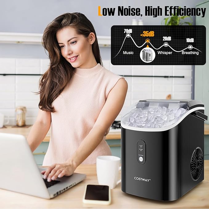 COSTWAY Nugget Countertop Ice Maker, Ready in 6 Mins, 34 lbs/24H, Ice Machine with Soft Chewable Pellet Ice, Self-Cleaning, One-Click Operation, Ice Basket & Ice Scoop for Kitchen (Black)