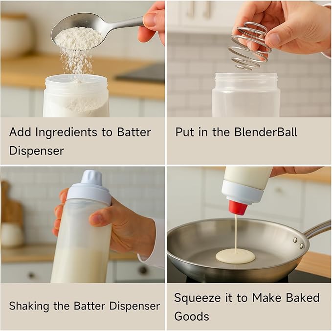 Pancake Batter Dispenser,Batter Dispenser and Mixer with BlenderBall Wire Whisk, Pancake Batter Dispenser Bottle for Pancakes, Crepes, Waffle, Muffins, Cupcakes