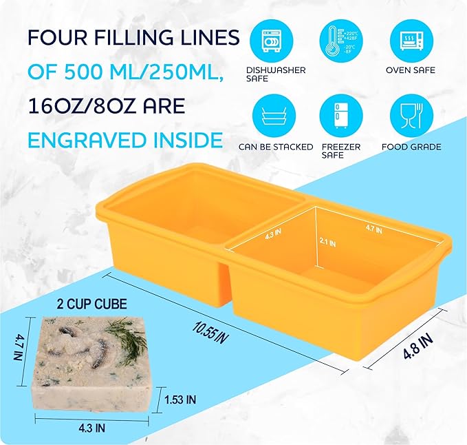 ZIP STANDING Silicone Freezer Trays with Lid,2-cup Soup Freezer Container large Ice Cube Molds with Reinforced Steel Ring Top for freezing Soup Sauce Broth Leftovers oven Dishwasher -Safe (yellow)