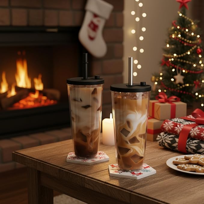 Honeydak 2 Pack 24 oz Reusable Iced Coffee Cups with Lids and Straws Leakproof Double Wall Insulated Clear Plastic Iced Coffee Tumblers with Straw Brushes