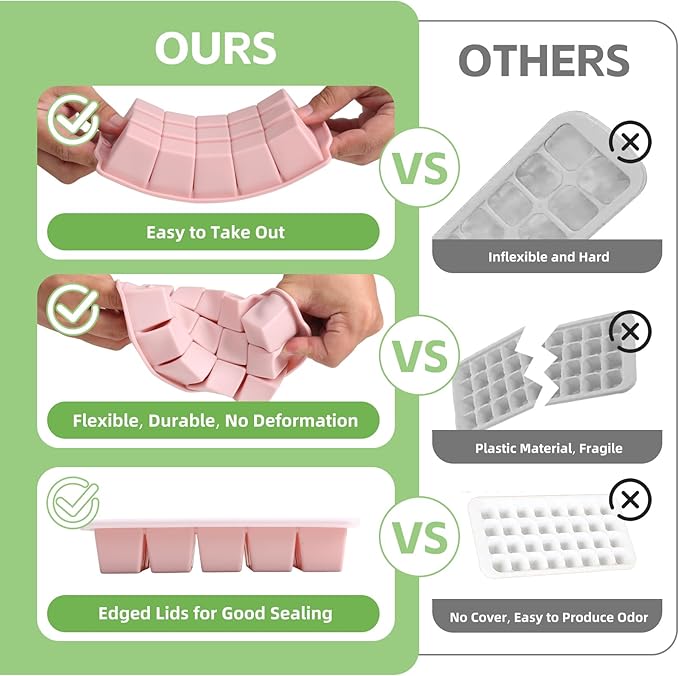 Silicone Ice Cube Tray with Locks Lids, Easy Release Flexible 15 Square Ice Trays for Freezer, Stackable & Reusable Ice Cube Mold for Whiskey, Cocktails, Baby Food, BPA Free, 2 Pack (Pink)