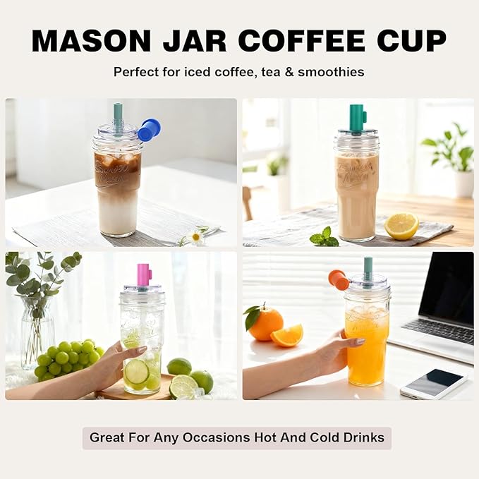 ANOTION Bamboo Mason 24oz Glass Tumbler with Straw Leakproof Lid, Cap Cup Mason Jar 4 Color Caps, Self-Assembly Leak-Proof Lid Straw, Reusable Iced Coffee Cup, Mason Jar Drinking Glass Coffee Gifts