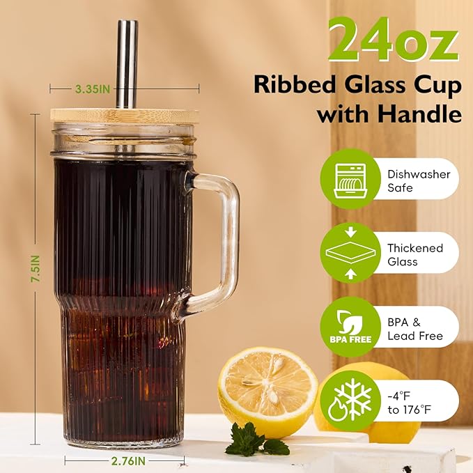 JunVpic 24oz Ribbed Glass Tumbler with Straw and Lid,Glass Cups with Handle,Stainless Steel Straws & Cleaning Brushes – Iced Coffee Cup for Smoothies, Tea, and Gifts, Set of 2