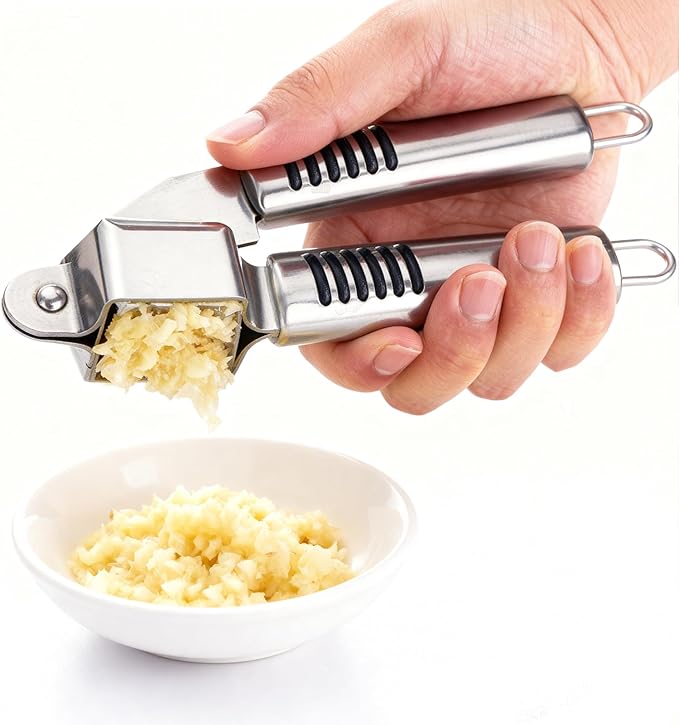 MANJIA Garlic Press and Peel Set Stainless Steel- Rust Proof Garlic Mincer Tool - Easy-Squeeze, Easy-Clean Silicone Garlic Peeler & Brush (Green)