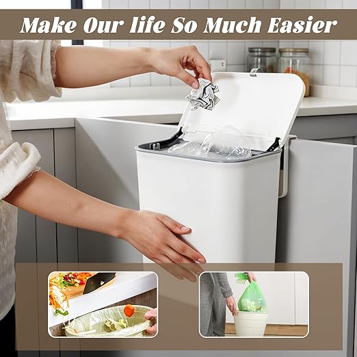 2.4 Gallon Kitchen Compost Bin for Counter Top Under Sink, Hanging Small Waste Basket Trash Can with Lid Wall Mounted Indoor Garbage Bucket for Cabinet Cupboard Bedroom Bathroom Office Camping