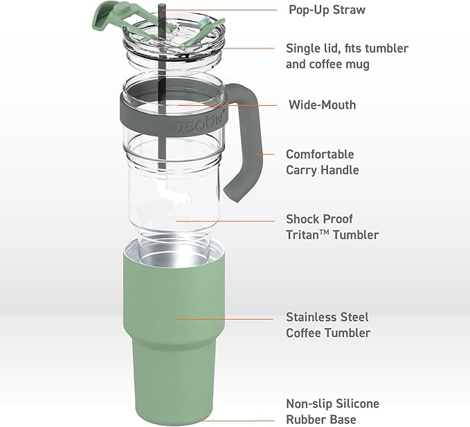 asobu Extra Large Travel Explorer Tumbler for Hot and Cold with Stainless Steel Removable Coffee Mug Sleeve - Straw and Flip Open Sip Spout, 34 oz / 25 oz (Basil Green)