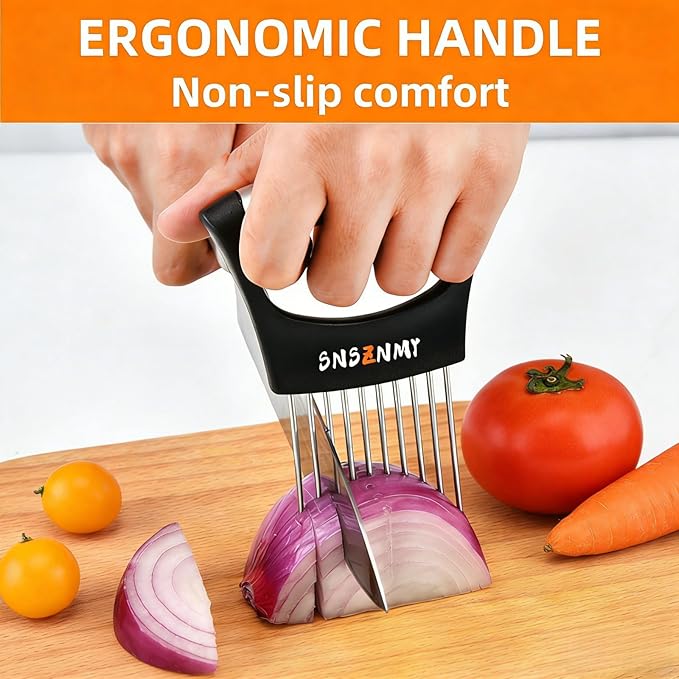 Onion Holder for Slicing, Upgrade Stainless Steel Onion Slicer Holder Lemon Slicer Vegetable Cutter, Assistant Tool for Slicing Fruit, Potato, Tomato and Meat (2 Pack)