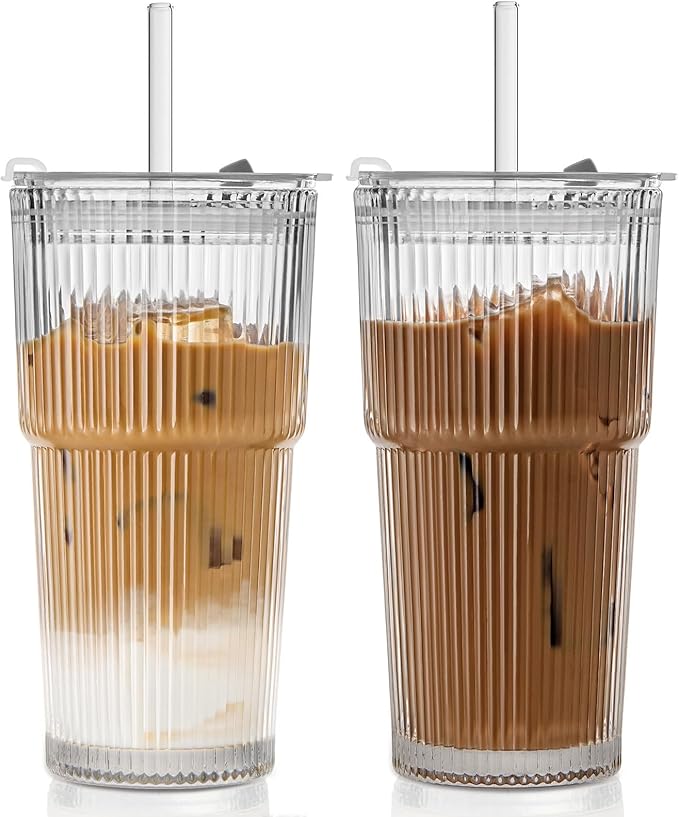 TUZAZO 20 Oz Glass Tumblers with Lids and Straws - 2 Pack Ribbed Glass Iced Coffee Cup with Straw and Lid, Thicken Glasses, Ideal for Smoothieds, Cocktails, and Juices