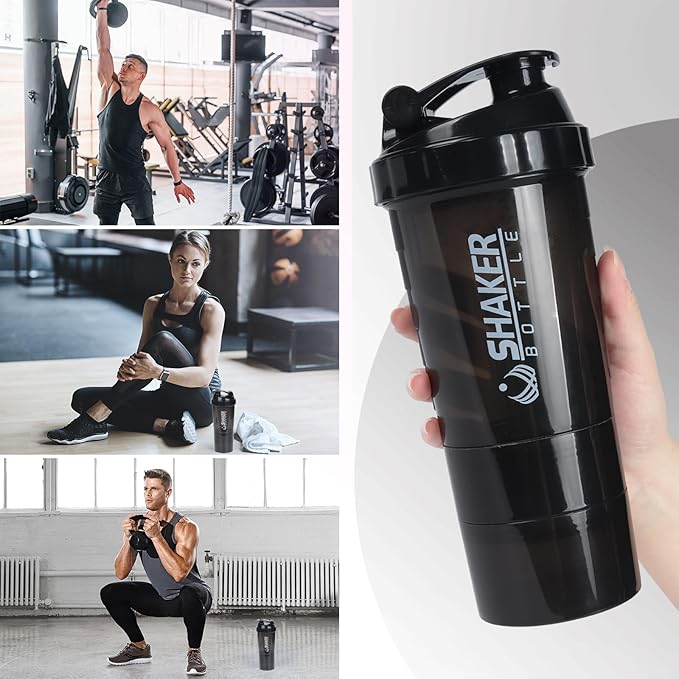 Protein Shaker Bottle,Sports Water Bottle,Leak Proof Shake Bottle For Protein Mixer- Non Slip 3 Layer Twist Off 3oz Cups with Pill Tray - Protein Powder 16 oz Shake Cup with Storage,Black