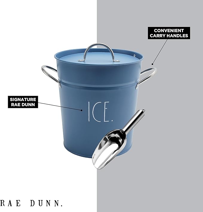 Rae Dunn Ice Bucket with Scoop - Stainless Steel Bucket with Handle, Lid and Ice Scooper - 4 Qt. Storage Bin for Ice Cubes for Bars, Parties, Backyard Barbeques, Picnics, and Camping (Blue)