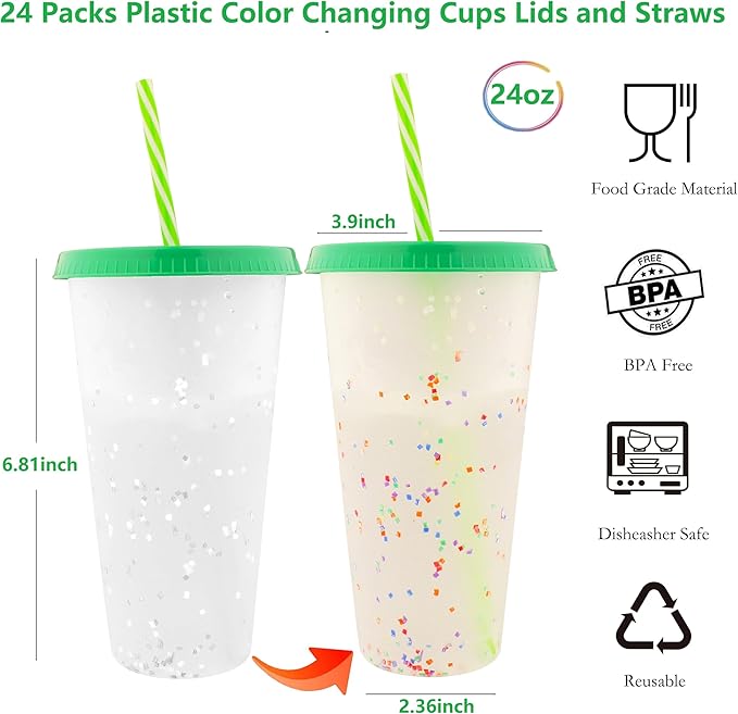 Color Changing Cups, 24 Pack 24oz Plastic Tumblers, Reusable Iced Coffee & Smoothie Cups with Lids and Straws for Parties and Travel(24, Rainbow)