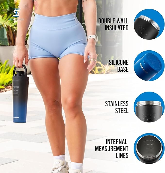 Ice Shaker Insulated Stainless Steel Shaker Bottle | 32oz, Navy/Black | Cold for 30+ Hours | Insulated Cup with Twist-on Agitator | Odor-Free Bottle for Protein Shakes, Water, Smoothies, Cocktails