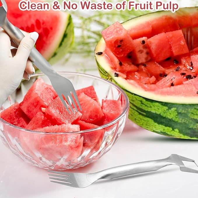 4 Pcs Watermelon Fork Slicer Cutter, Stainless Steel 2-in-1 Watermelon Fork Slicer, Portable Watermelon Fork Watermelon Cutter Slicer Tool Fruit Forks Slicer for Home Party Camping Kitchen Gadget